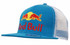 A blue cap with a mesh back and snapback style, featuring a logo and bold red lettering.