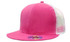 A pink cap with a mesh back and snapback styling, featuring a round logo on the front.