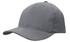 A grey snapback cap with a rounded crown and a curved brim. It features a logo on the front.