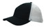 A black cap with a soft mesh white side and a curved brim. It features a branding logo.