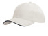 A white sports cap with sandwich trim, featuring a curved brim and a logo on the front.