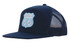 A navy blue A-frame cap with a mesh back and an embroidered patch featuring a route sign.
