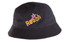 A black bucket hat featuring embroidered yellow text and a logo. Suitable for children's wear.