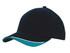A black cap with an indented peak and teal detailing, featuring a branding logo.