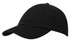 A black cap with a curved brim, featuring a logo on the front, in a classic design.