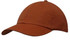 An orange-brown cap with a curved brim and a top button, featuring a branding logo.