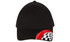 A black cap featuring red and checkered embroidery detail. It has a curved brim and a simple design.