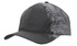 A black cap featuring a grey tire print design and a logo on the front.
