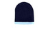 A two-tone acrylic beanie in navy blue with a light blue cuff. The beanie has a logo on the band.