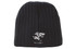A black cable knit beanie with a logo featuring a shark design.