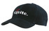 A black cap with a curved brim and a logo on the front. The cap features a classic design.