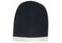 A two-tone cable knit beanie in navy blue and white, featuring a ribbed design and a subtle logo.