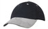 A hat featuring a brushed heavy cotton fabric with a grey suede peak, in contrasting navy blue and grey colours.