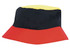 A multicoloured bucket hat featuring black, yellow, and red sections, with a logo present on the design.