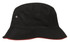 A black bucket hat with a red trim and a small logo.