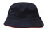 A navy bucket hat with a wide brim and contrasting red trim. It features a logo on the side.
