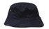 A navy blue bucket hat with a textured fabric and a contrasting band around the brim. It features a small branding logo.