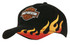A black cap featuring flame embroidery in yellow and orange, along with a logo on the front.