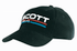 A black cap featuring embroidered text in white, red, and blue, with a logo on the front.
