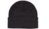 A black acrylic beanie with a rolled cuff, featuring a logo on the side.
