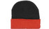 Acrylic beanie in black with a red folded brim, featuring a logo on the side.