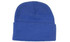 A blue acrylic beanie toque with a rolled cuff, featuring a small logo on the side.