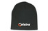 A rolled down black acrylic beanie featuring a logo.