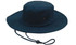 A brushed heavy cotton hat in navy blue with a wide brim and an adjustable chin strap. It has a logo.