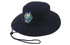 A navy blue brushed heavy sports twill hat with a logo and an adjustable chin strap.