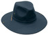 A navy cotton twill hat with a wide brim and a logo, featuring metal eyelets and a leather band.