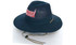 A collapsible navy cotton twill and soft mesh hat with a chin strap and a logo on the front.