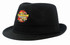 A black cotton twill fedora hat featuring a logo on the front.