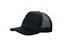 A black trucker mesh cap featuring a solid front and a mesh back, with a curved brim and a logo.
