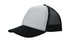 A black and white trucker mesh cap featuring a structured front and mesh back, with a curved brim and a logo.