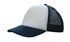 A trucker mesh cap featuring a white front panel and a navy blue brim and mesh sides.