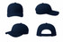 A navy cotton twill cap displayed from multiple angles, featuring a logo on the front.