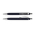A soft-touch pen in navy blue with chrome accents and a sleek design, featuring a clip and a logo.
