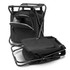 A black cooler seat with a folding metal frame and front pocket, featuring a sleek design for easy transport.
