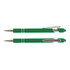 A green stylus pen with chrome accents and a cap, displayed in two positions. It features a logo.