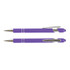 A purple stylus pen with a silver clip and accents, featuring a shiny finish and a stylus tip.