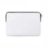 A white laptop sleeve with a black zip and a simple, sleek design. It features a logo on the surface.