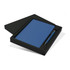 A blue notebook and blue pen set inside a black gift box, featuring a simple design and a logo.