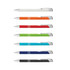 A collection of seven pens in various colours: white, orange, red, green, turquoise, blue, and black, with silver accents.
