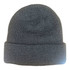 A grey knitted beanie with a 6-seam design and a folded cuff, featuring a logo.