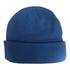 A blue 6 seam knitted beanie with a fold-over cuff and textured design. It features a branding logo.