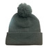 A dark grey knitted beanie featuring a pom pom on top and a folded cuff. It has a branding logo.
