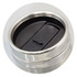A drink bottle lid in silver stainless steel with a black plastic slider for sipping. Features a sleek, modern design.
