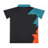 A custom youth active polo with a black body and turquoise and orange geometric accents on one side. It has a collar and short sleeves.