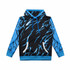 A black and blue active hoodie featuring a lightning bolt design and a front pocket. It has a hood and long sleeves.