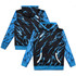 A custom men's active hoodie featuring a black base with electric blue lightning patterns and a blue hood.